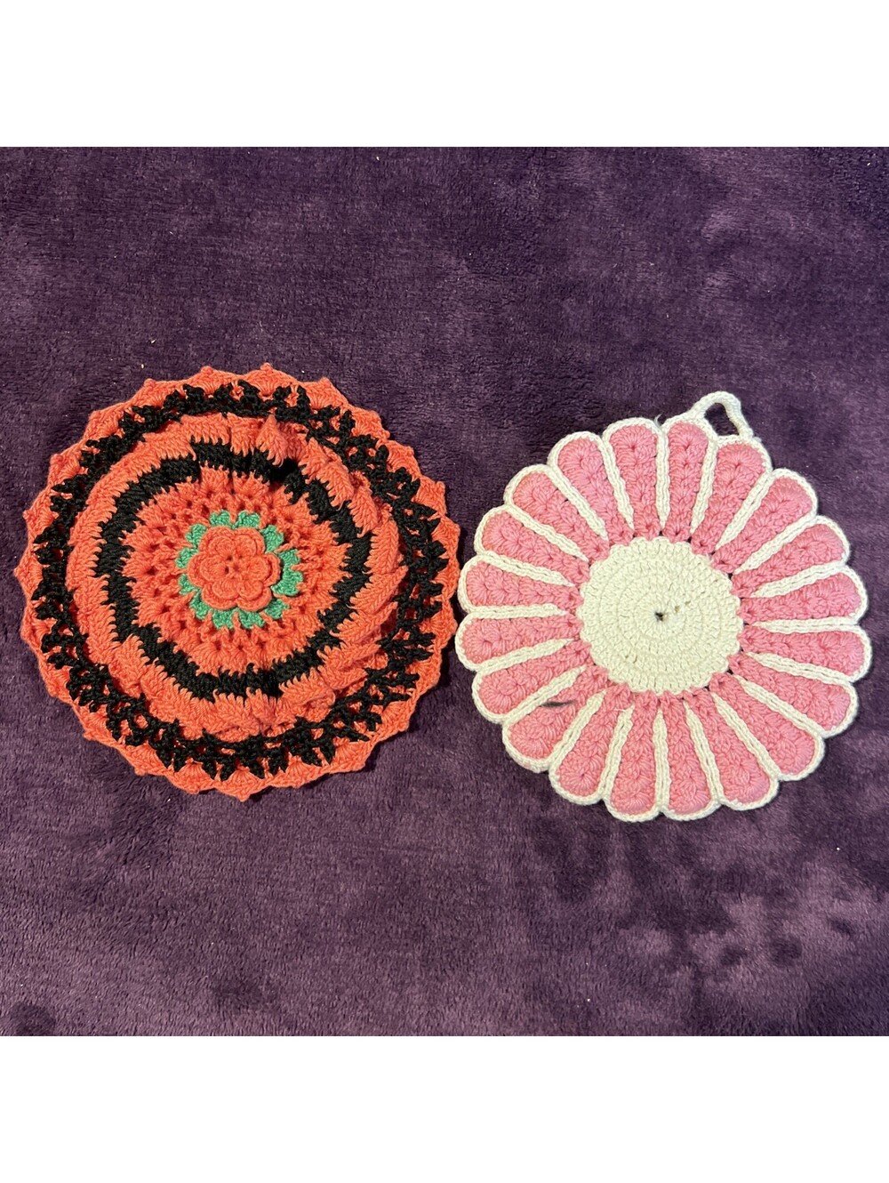 Vintage Handmade Crocheted Pot Holder Doily White Pink & Orange Green 5 1/2"